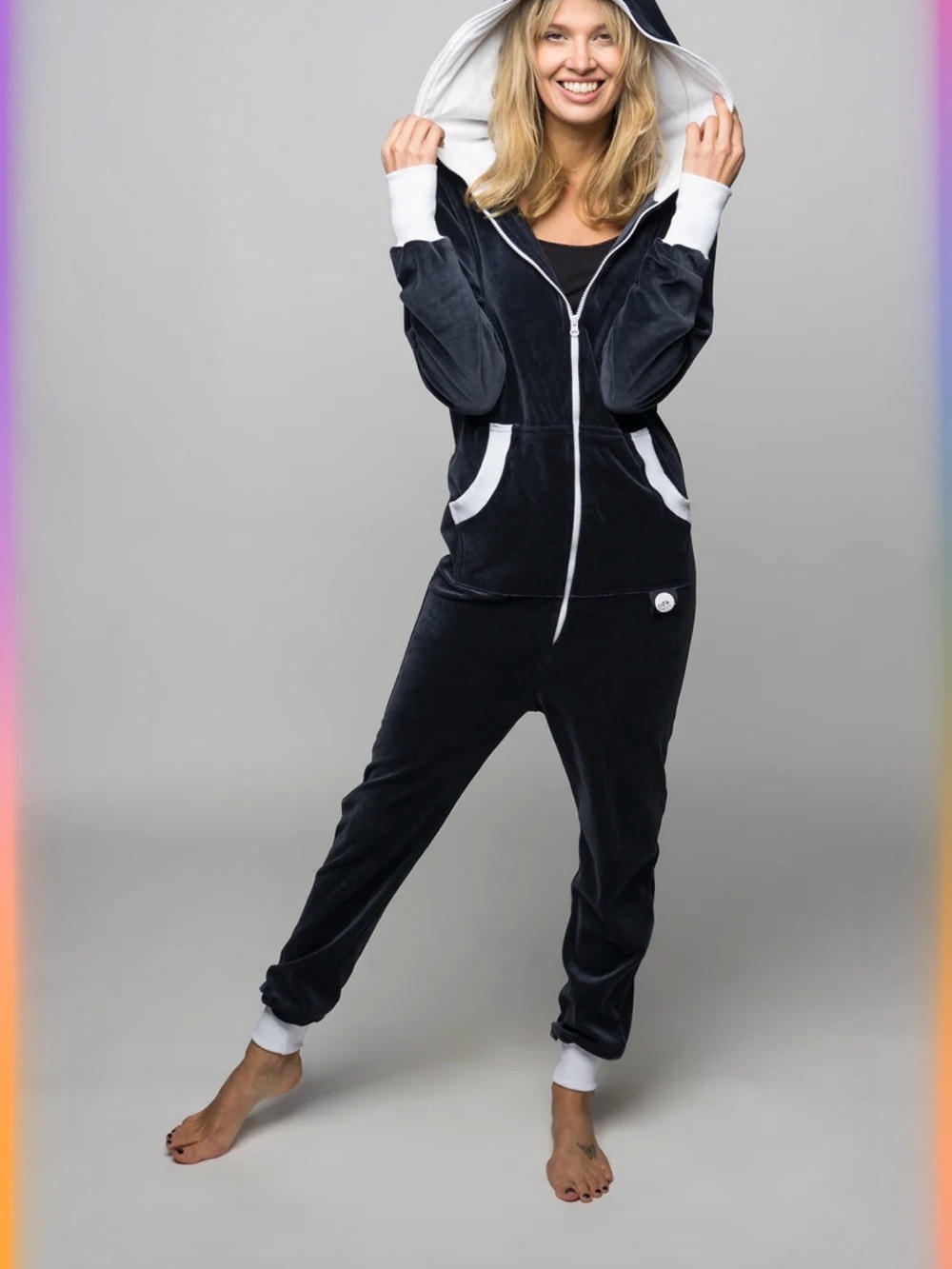 Contrast-Trim Hooded Velour Jumpsuit - Black/White